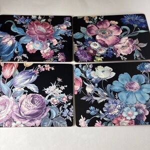 Makenzie Childs Black Floral Set Of 4 Placemats cork back preowned few flaws**